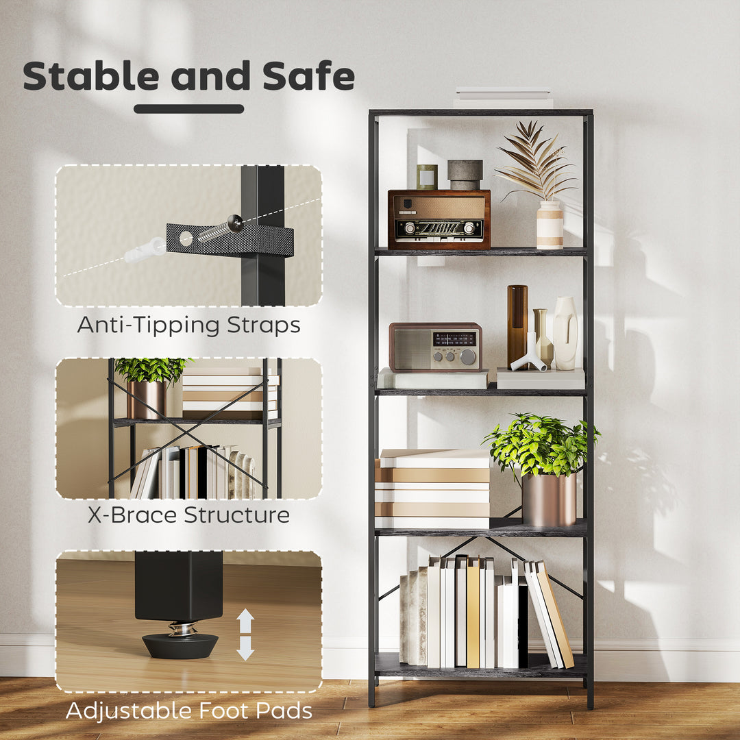 5-Tier Bookshelf, Industrial Bookcase with Metal Frame - Dark Grey and