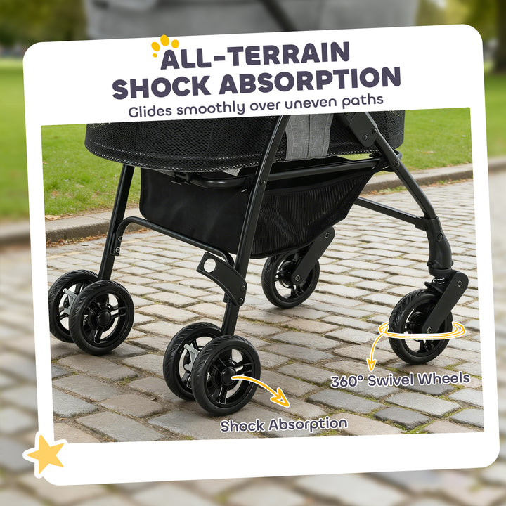 Pet Stroller, Foldable Dog Cat Stroller with Detachable Carrier, Wheel