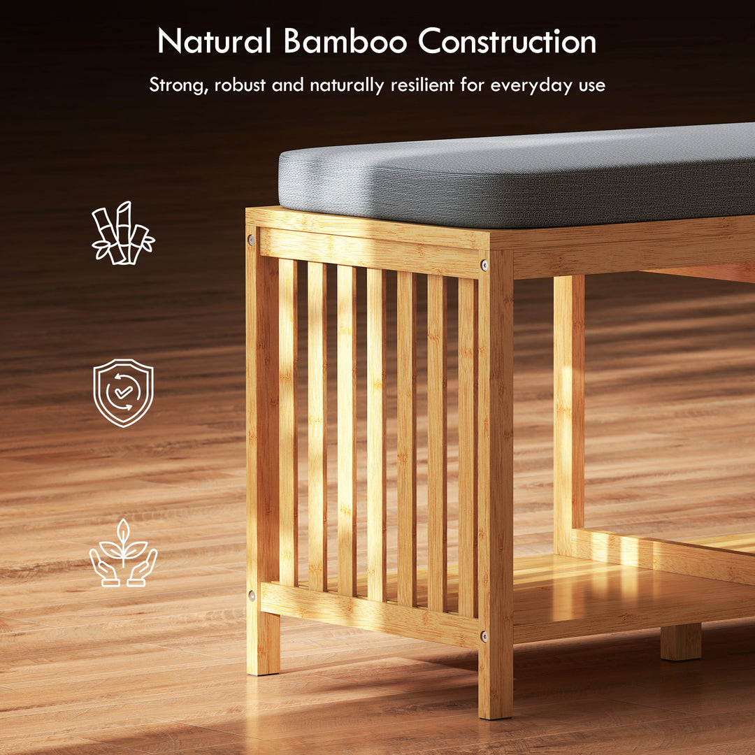 Bamboo Shoe Bench, Entryway Storage Bench with Padded Cushion and Open