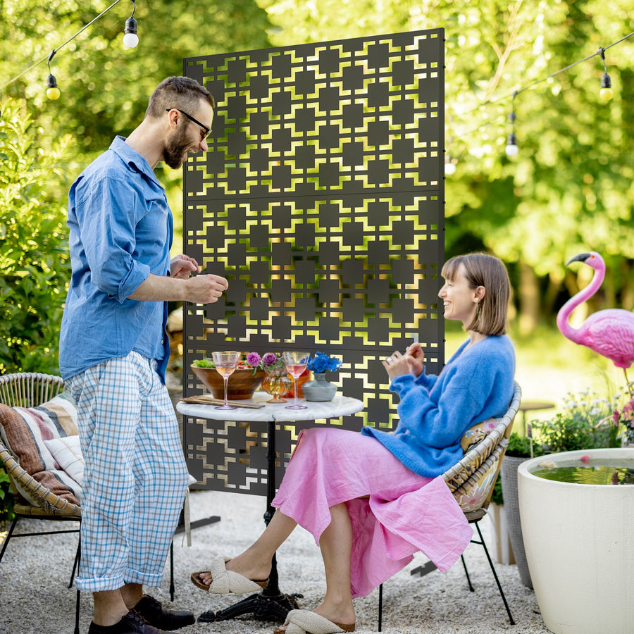 Metal Decorative Privacy Screen Outdoor Divider, Black Grid