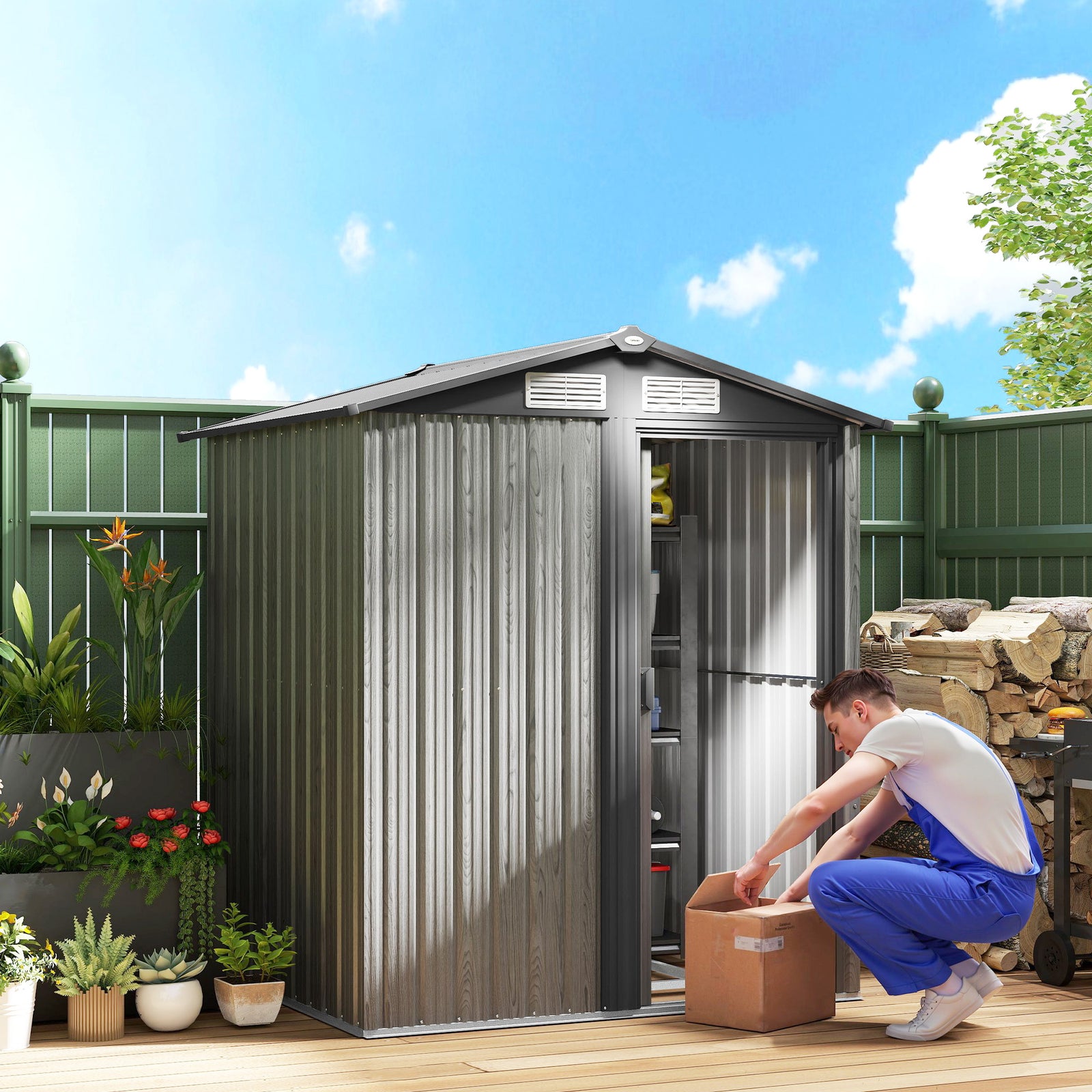 4.3 x 5ft Outdoor Garden Storage Shed - Grey Wood Effect