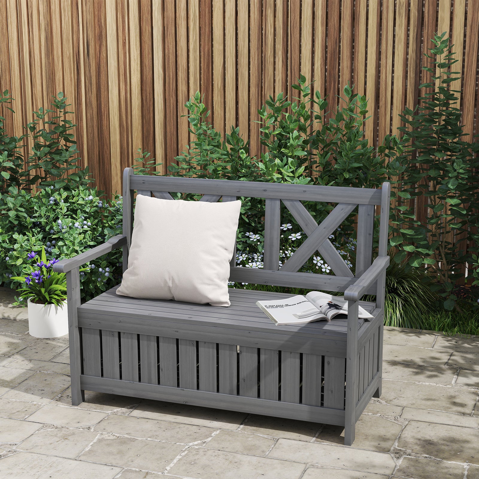 2-Seater Garden Storage Bench for Patio Wood Porch Decor Outdoor Seating, Charcoal Grey