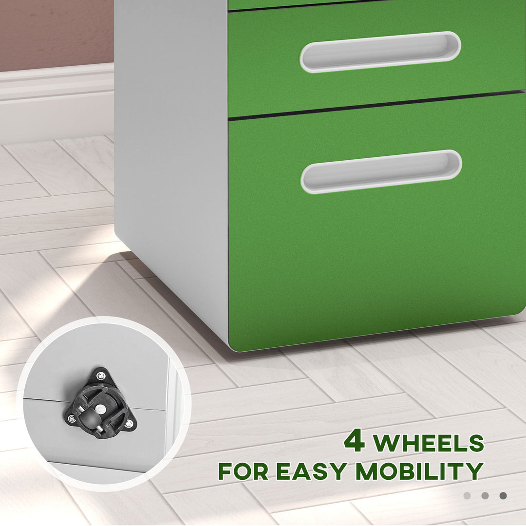 3 Drawer Filing Cabinet, Steel Lockable File Cabinet with Lock and Wheels, for A4, Letter, Legal Sized Files, Green