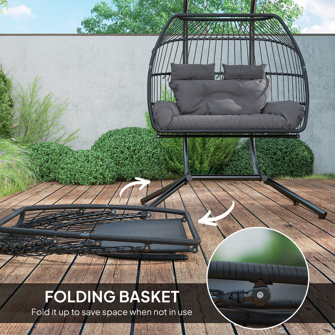 Rattan Double Hanging Egg Chair with Stand, Foldable Wicker Swing Egg Chair with Cushion, Head Pillows, Steel Frame, Hammock Chair for Indoor Outdoor, Capacity 260 kg, Dark Grey