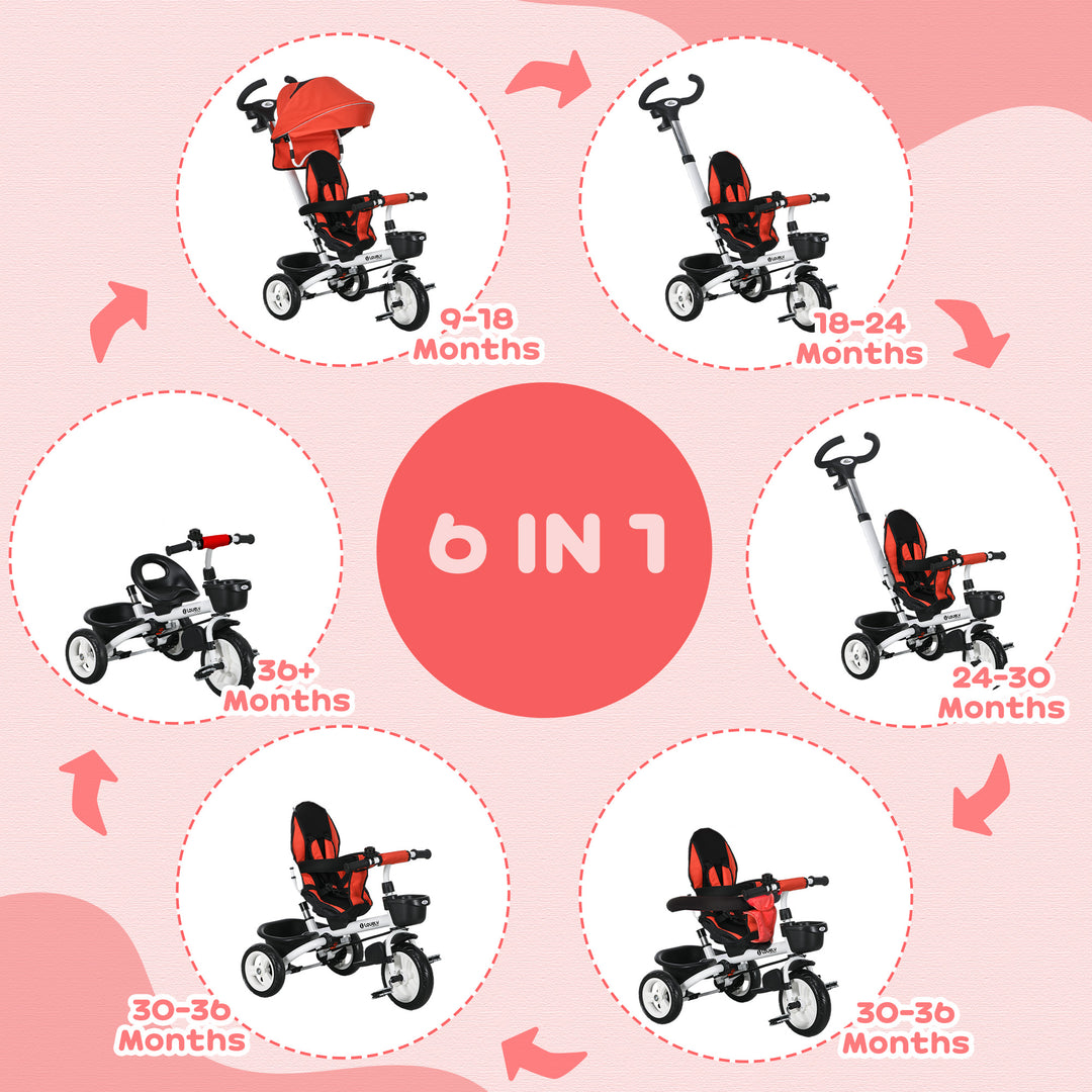 HOMCOM Metal Frame 4 in 1 Baby Push Tricycle with Parent Handle for 1-5 Years Old, Red | Aosom UK