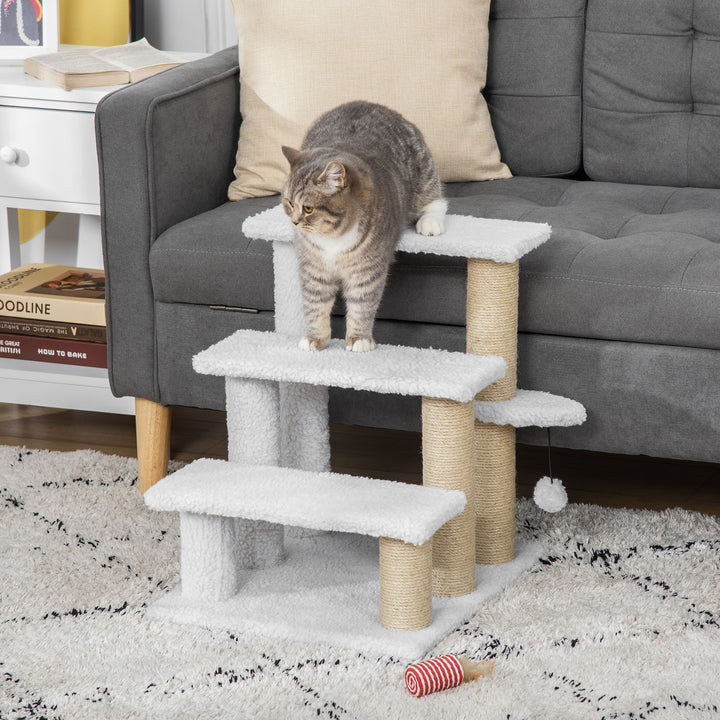 PawHut Pet Stair with 3-step Climb Ladder, Scratching Posts, Platforms, Toy Ball, for Indoor Elderly Cats Kittens, White