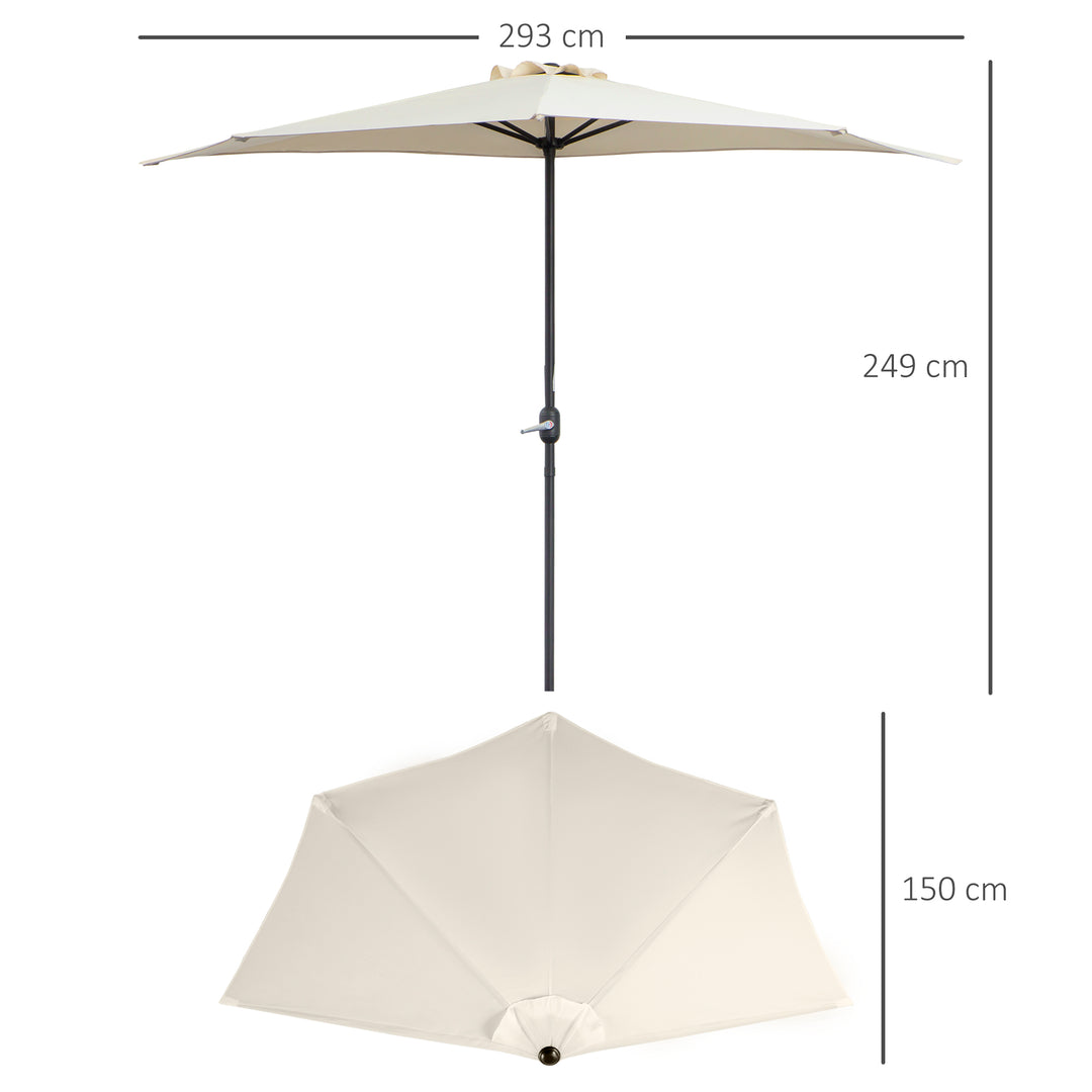 3(m) Half Parasol, Semi Round Umbrella with Metal Frame, Crank Handle for Balcony, Garden, Cream White