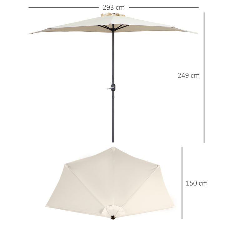3(m) Half Parasol, Semi Round Umbrella with Metal Frame, Crank Handle for Balcony, Garden, Cream White