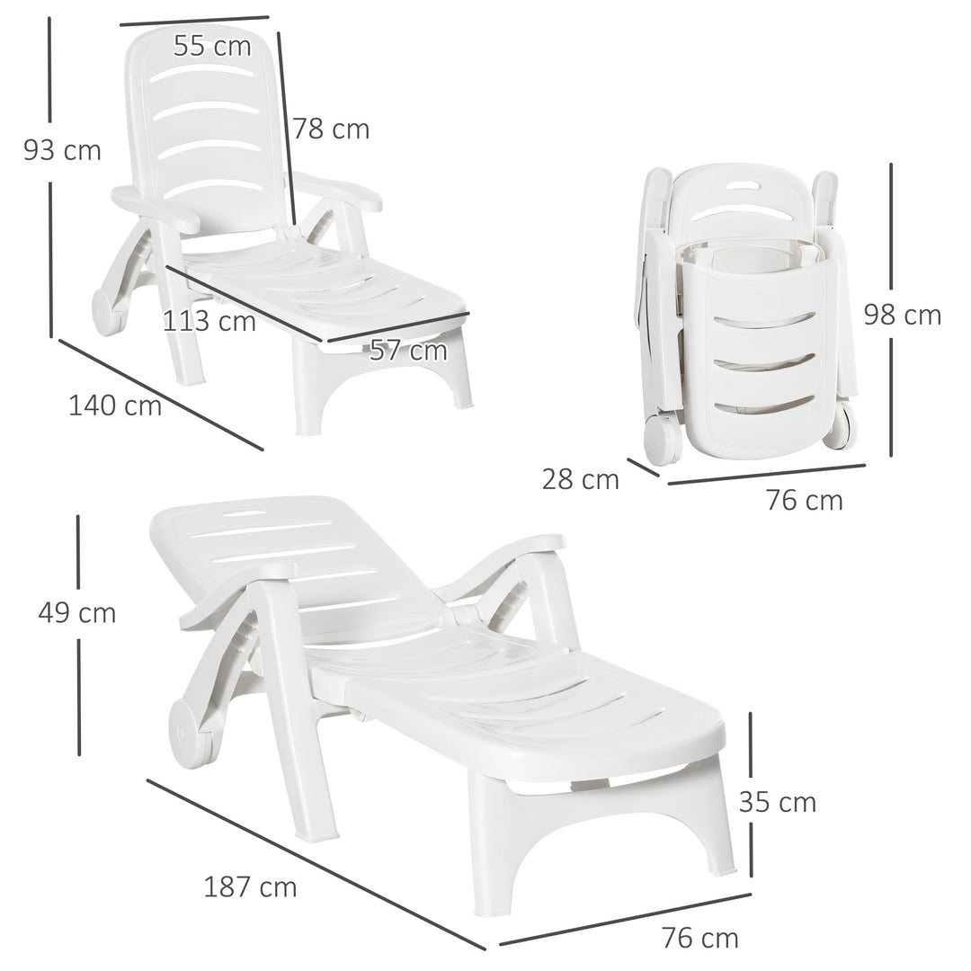 MCL Outdoor Folding Sun Lounger Recliner on Wheels w/ 5-Position Backrest, White