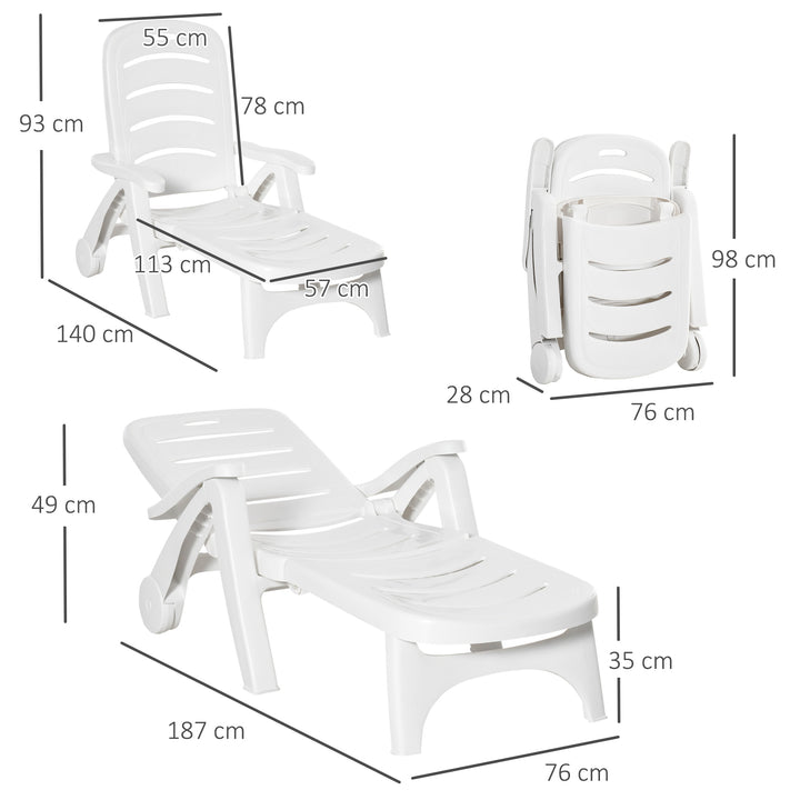 MCL Outdoor Folding Sun Lounger Recliner on Wheels w/ 5-Position Backrest, White