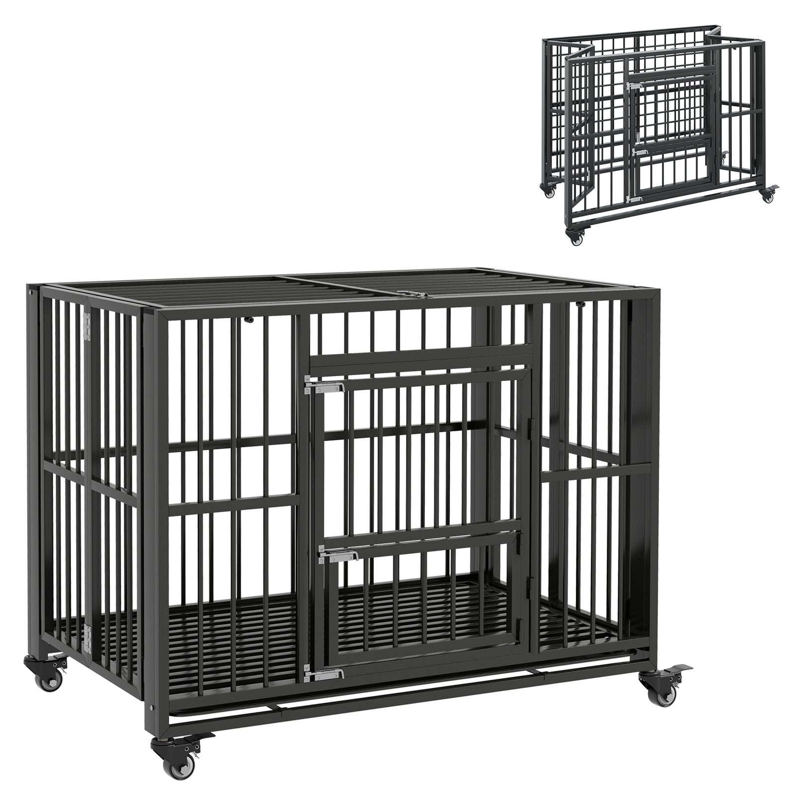 43" Heavy Duty Dog Crate, Foldable Dog Cage, with Openable Top, Locks, Removable Tray, Wheels - Black