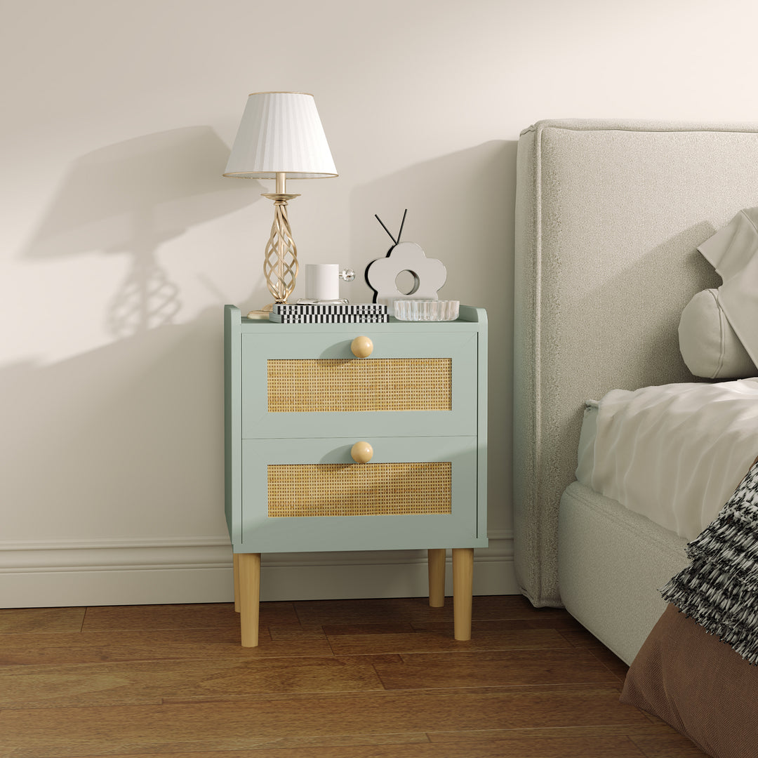 Bedroom Chest of Drawers, Boho Rattan Dresser with 2 Drawers, Storage Cabinet for Living Room, Hallway, Entryway, Olive Green