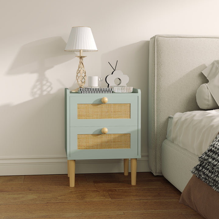 Bedroom Chest of Drawers, Boho Rattan Dresser with 2 Drawers, Storage Cabinet for Living Room, Hallway, Entryway, Olive Green