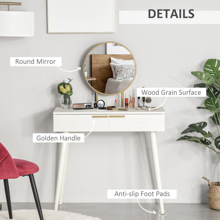 Elegant Dressing Table, with Round Mirror, 80 x 40 x 123 cm - White