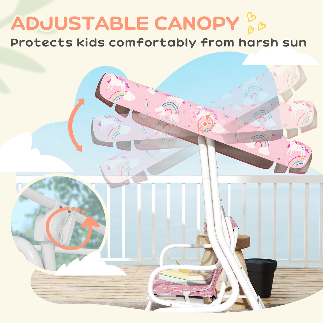 Kids Porch Swing, 2-Seater Patio Swing Bench Hammock with Seat Belts, Adjustable Canopy for Garden - Pink