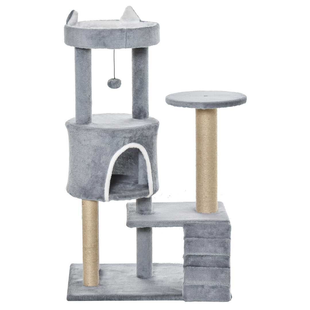 PawHut 100cm Cat Tree Tower Condo Multi Platform Kitty Cat Center with Climbing Ladder Scratching Post Hanging Toy Ball, Light Grey | Aosom UK