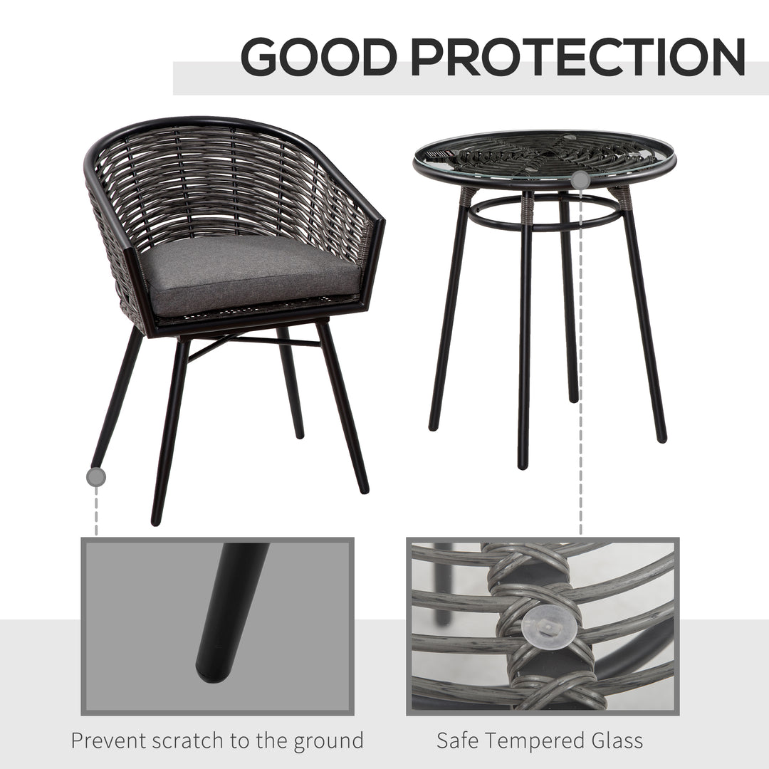 3 Pieces Rattan Bistro Set, Wicker Garden Furniture Set with Round Glass Top Coffee Table and Chairs, Washable Cushions for Outdoor, Patio, Balcony, Grey