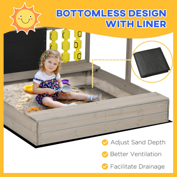 Outsunny Children's Wooden Sandpit with Protective Canopy and Seating, Outdoor Play Area, Grey