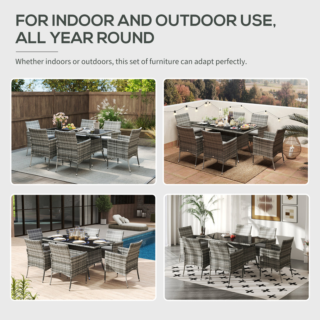 MCL 7-Piece Rattan Garden Furniture Set with Cushions, 6 Seater Garden Table and Chairs, Rattan Dining Set with 6 Armchairs, Rectangular Glass Top Table, Grey