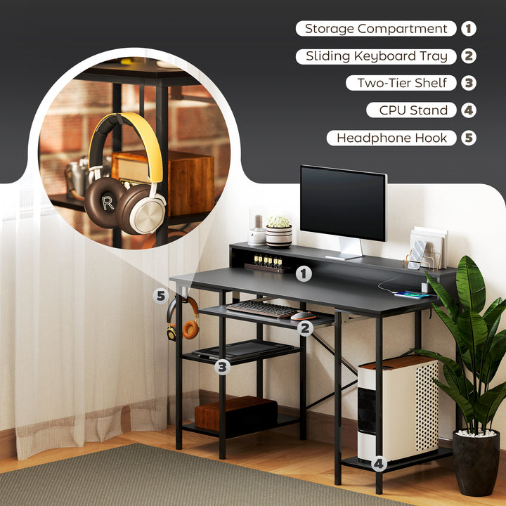 Computer Desk with LED Lights and Power Outlets, 120 x 55 cm Gaming Desk with Monitor Stand, Sliding Keyboard Tray and Storage Shelves for Home Office, Black
