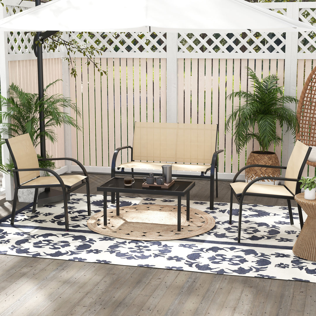 Outsunny 4 Pcs Curved Steel Outdoor Furniture Set w/ Loveseat, 2 Texteline Seats, Glass Top Table Garden Balcony Patio Furniture For Family Party Events Guests -Beige