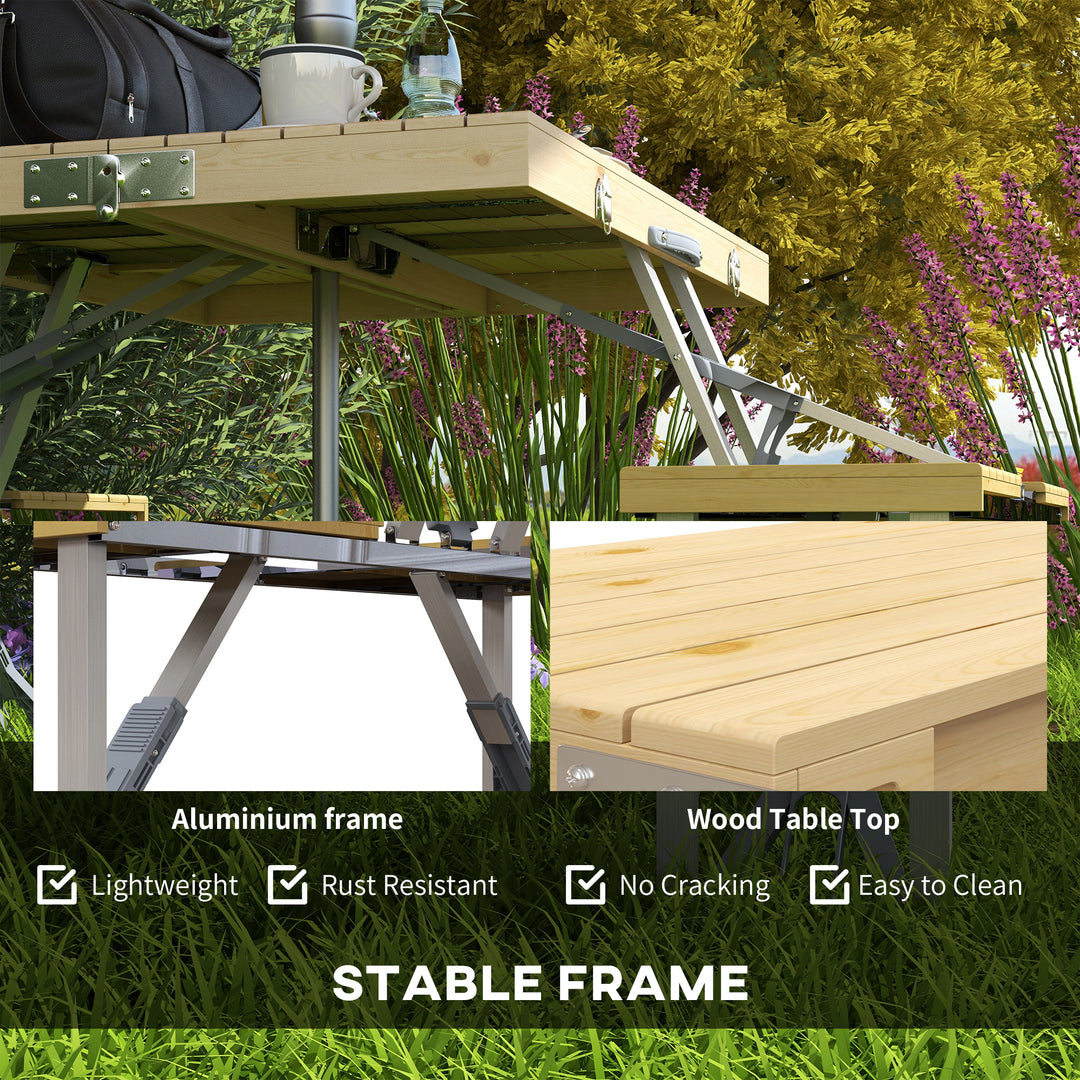 Outsunny Folding Picnic Table with Aluminium Frame, Portable Camping Table and Chairs Set, Umbrella Hole