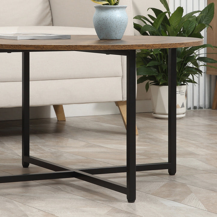 Round Coffee Table, Set of 2 Side Table with Metal Frame, Industrial End Table for Living Room Bedroom, Rustic Brown