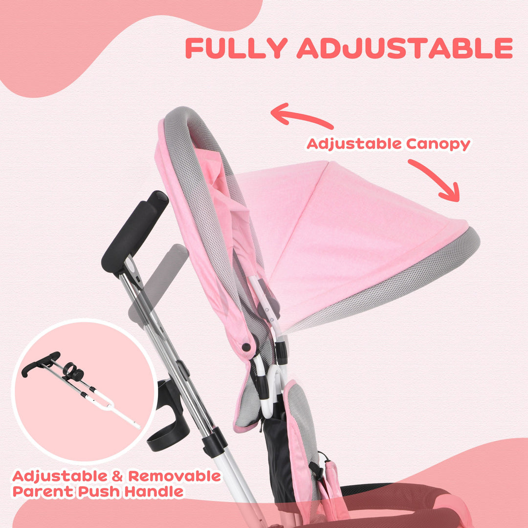 HOMCOM 4 in 1 Kids Trike Push Bike w/ Push Handle, Canopy, 5-point Safety Belt, Storage, Footrest, Brake, for 1-5 Years, Pink