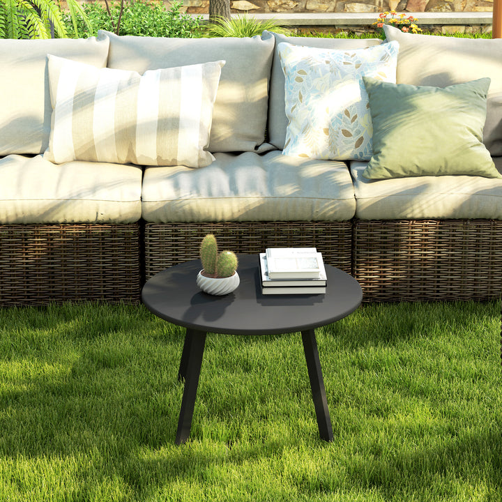 70cm Round Coffee Table, Outdoor Garden Table with Non-Slip Foot Pads and Metal Frame for Garden, Terrace, Balcony, Living Room, Black