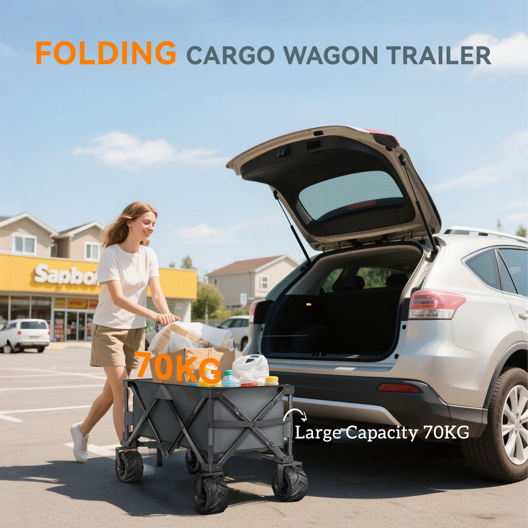 Outdoor Pull Along Cart Folding Cargo Wagon Trailer Trolley for Beach Garden with Handle, Anti-Slip Wheel - Dark Grey