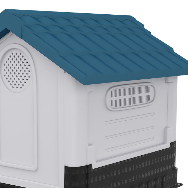 PawHut Plastic Dog Kennel with Windows, for Garden Patio, Medium and Large Dogs, 101 x 88 x 99cm - Blue | Aosom UK