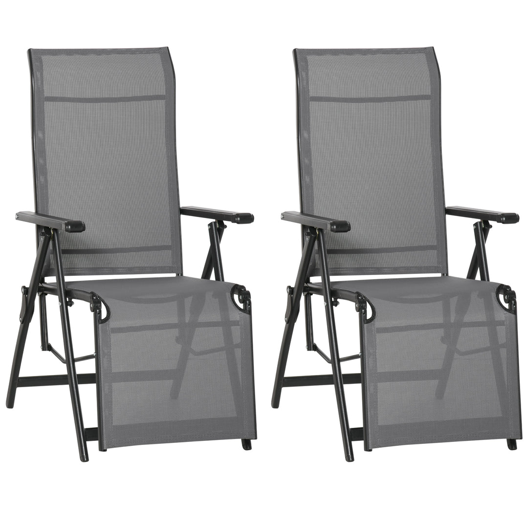 MCL Set of 2 Outdoor Sun Lounger 10-Position Adjustable Texteline Folding Reclining Chairs with Footrest for Patio Garden, Grey