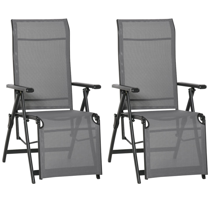 MCL Set of 2 Outdoor Sun Lounger 10-Position Adjustable Texteline Folding Reclining Chairs with Footrest for Patio Garden, Grey