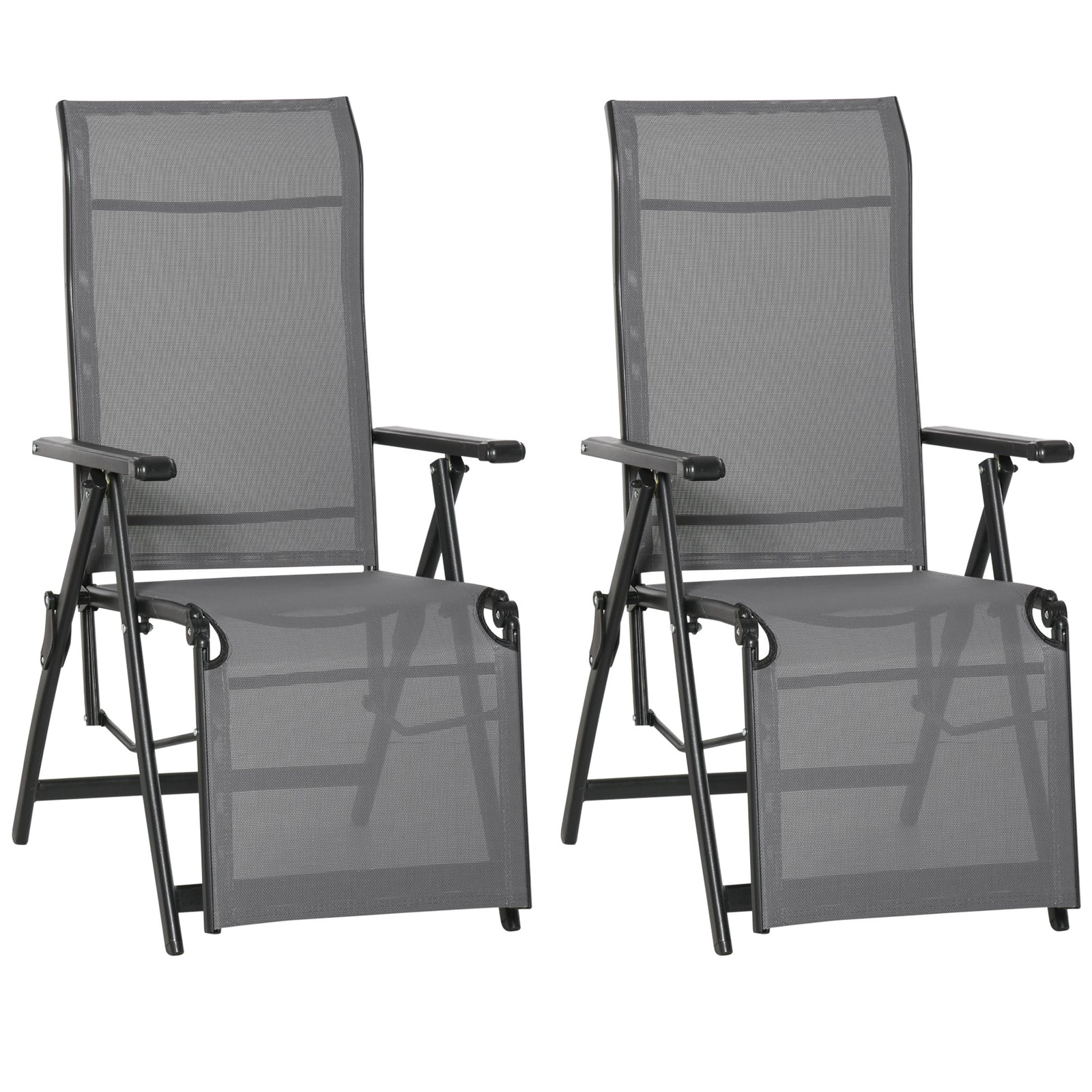 Set of 2 Outdoor Sun Lounger 10-Position Adjustable Texteline Folding Reclining Chairs with Footrest for Patio Garden, Grey