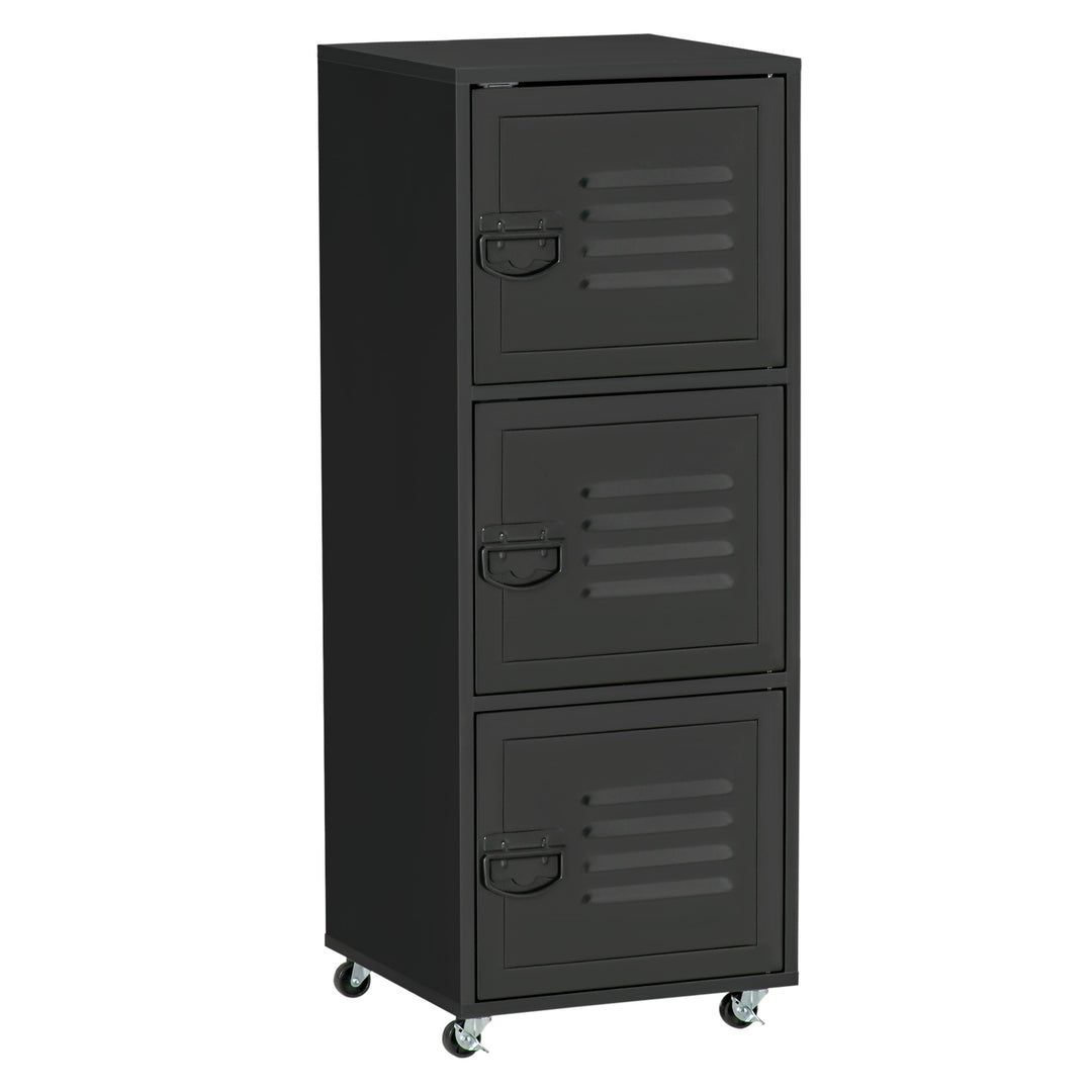 MCL Rolling Storage Cabinet 3-Tier Mobile File Cabinet with Wheels & Metal Doors for Home Office, Living Room, Black
