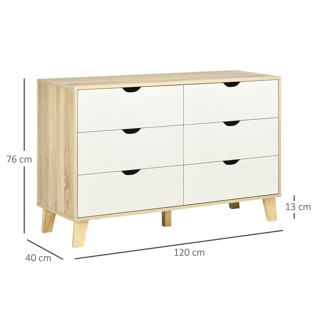 HOMCOM 6-Drawer Wide Chest, Storage Organiser Unit with Wooden Legs for Bedroom, Living Room, White and Light Oak | Aosom UK