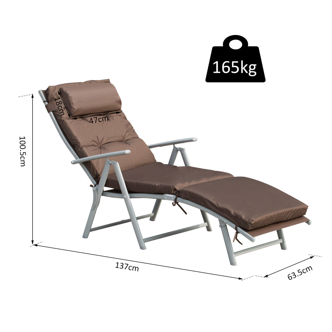 Outsunny Garden Sun Lounger, Foldable Reclining Chair with Pillow and Adjustable Back, Texteline Fabric, Brown | Aosom UK