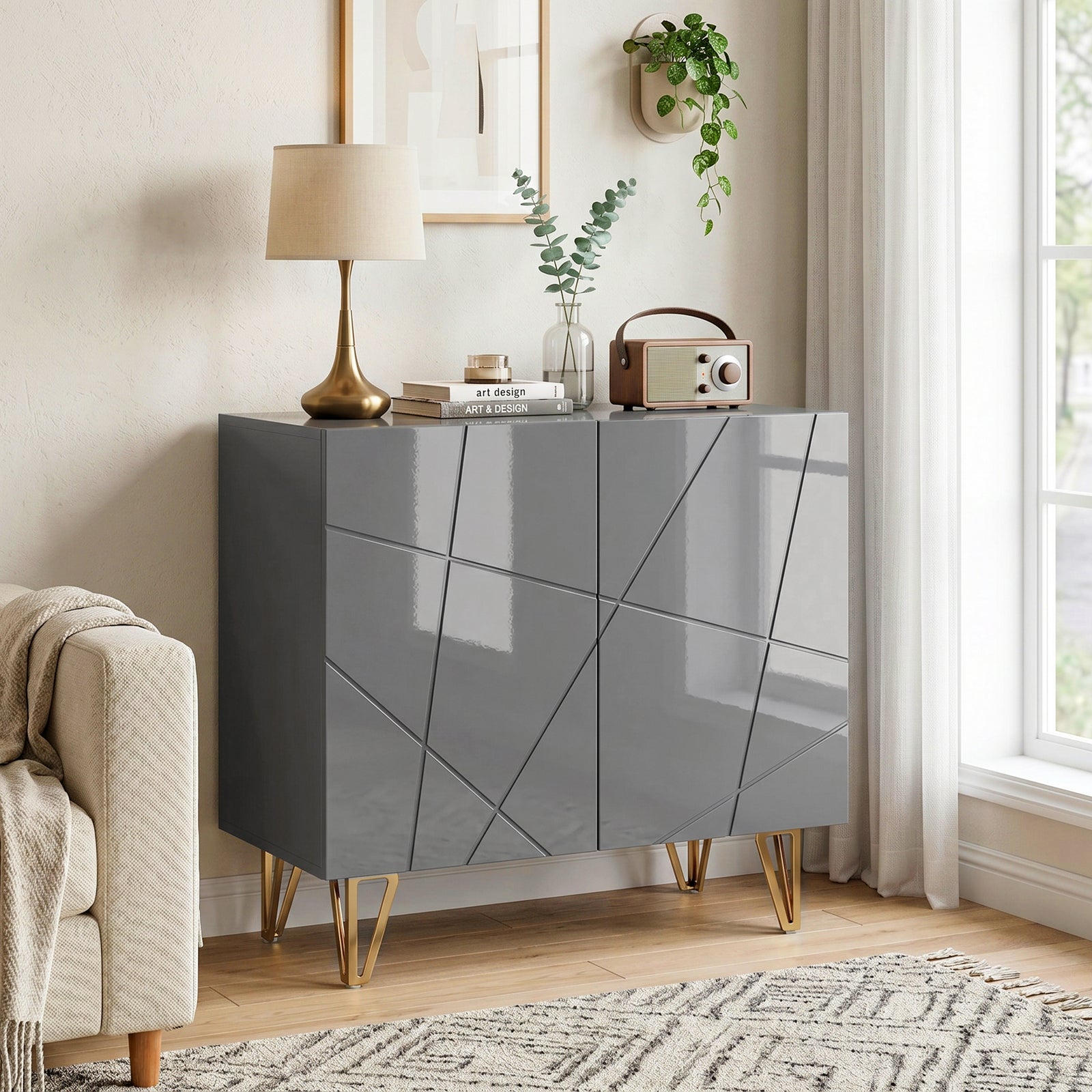 Modern Luxe High Gloss Sideboard, with Hairpin Legs - Grey