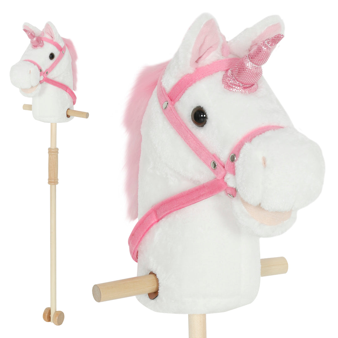 Unicorn Stick Horse with Wood Wheels, Real Pony Neighing and Galloping Sounds, Grip Handle, 95 cm
