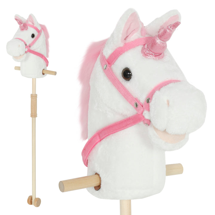 Unicorn Stick Horse with Wood Wheels, Real Pony Neighing and Galloping Sounds, Grip Handle, 95 cm