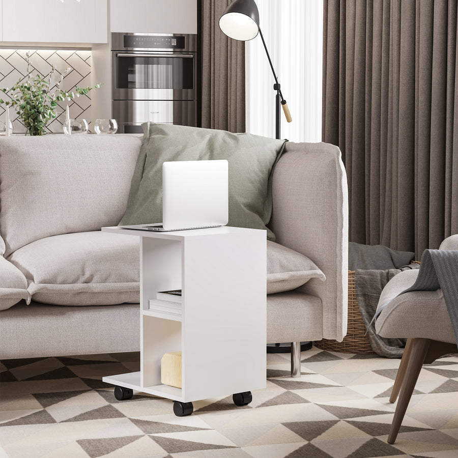 C-Shape End Table Unique Storage Unit w/ 2 Shelves 4 Wheels Freestanding Home Furniture Cabinet Square White