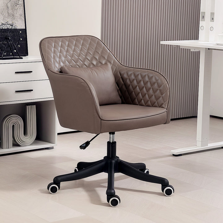 Microfiber Office Chair, Desk Chair, Makeup Vanity Chair with Massage Lumbar Pillow and Rolling Wheels for Bedroom and Home, Brown