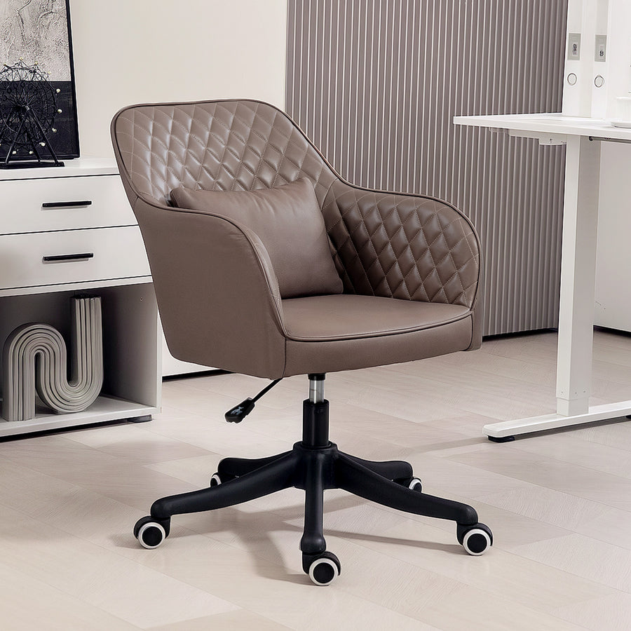 Microfiber Office Chair, Desk Chair, Makeup Vanity Chair with Massage Lumbar Pillow and Rolling Wheels for Bedroom and Home, Brown