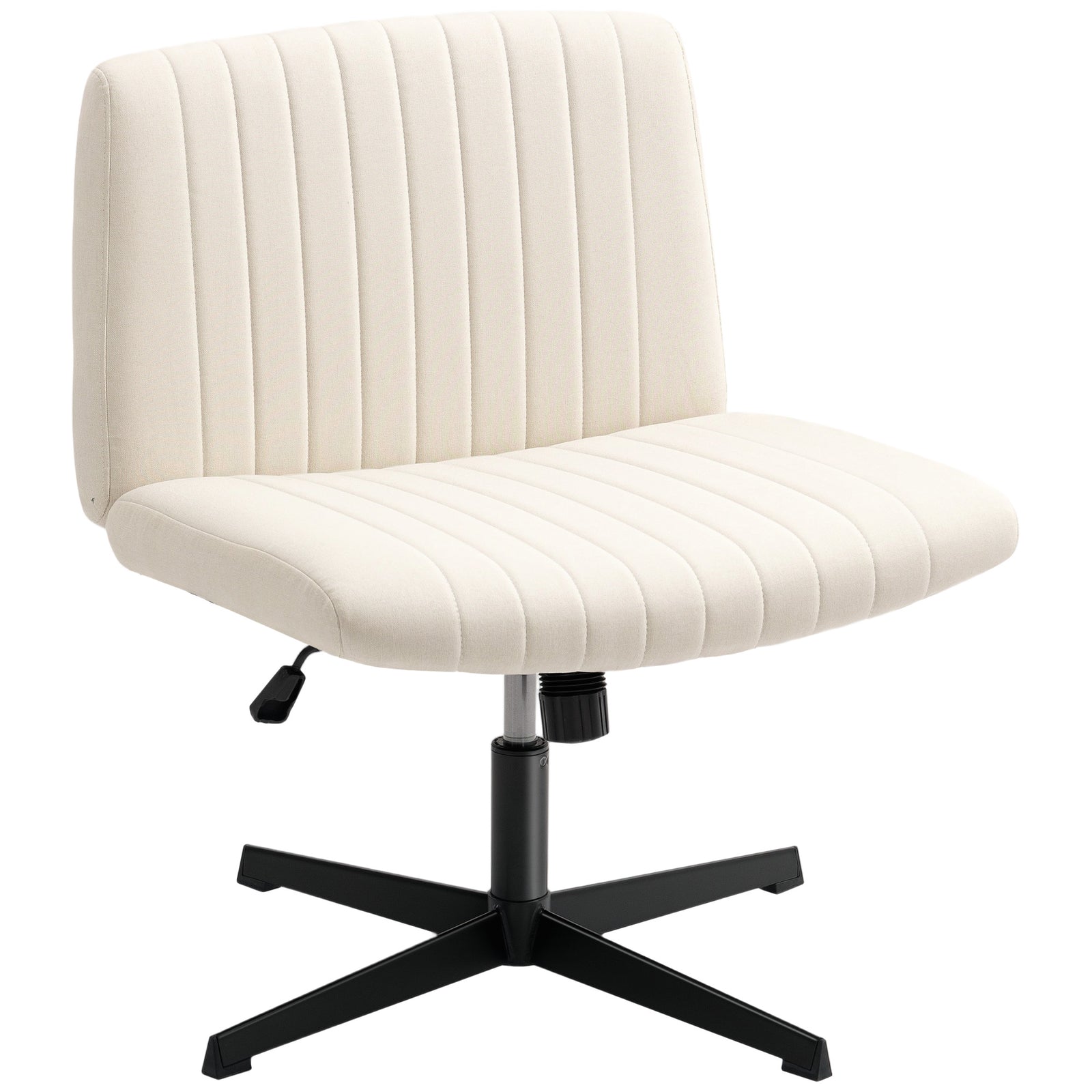 Armless Office Chair No Wheels, Linen Fabric Criss Cross Legged Desk Chair with Wide Seat, Thick Padding, Tilt Function, Height Adjustable Swivel Computer Seat for Home, Cream