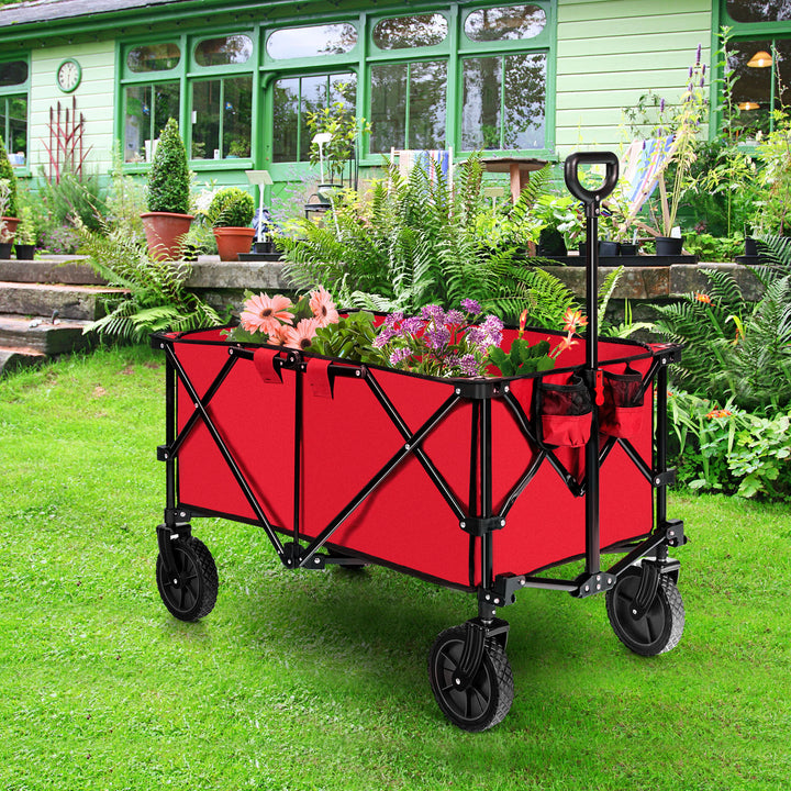 Folding Camping Wagon with Cup Holders and Adjustable Handle-Red