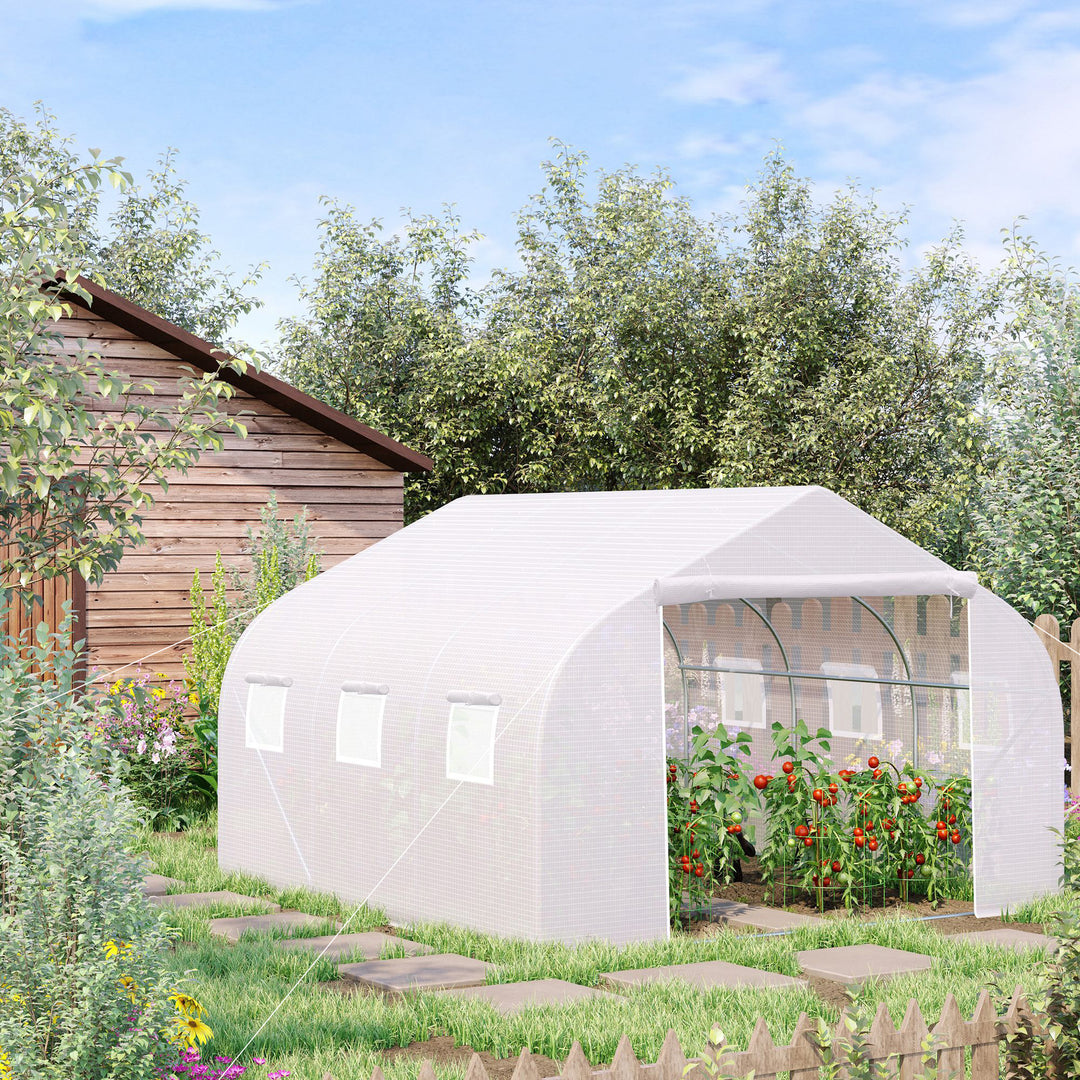 MCL Walk-In Polytunnel Greenhouse Warm House Garden Tunnel Shelter Plant Shed with Door and Windows, Galvanised Steel Frame, 4.5 x 3 x 2m, White