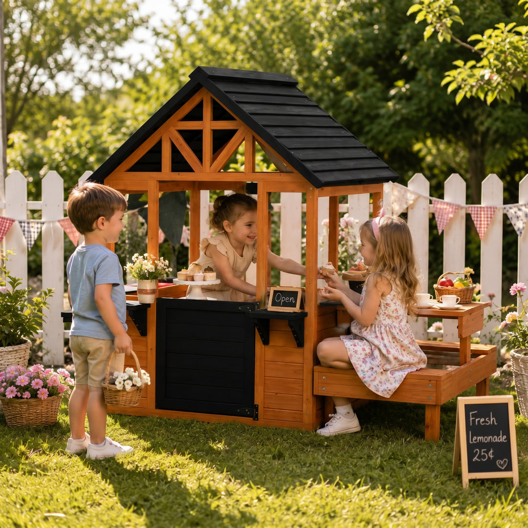 Wooden Playhouse Playhouse for Kids with Table, Benches, Sink Table, W