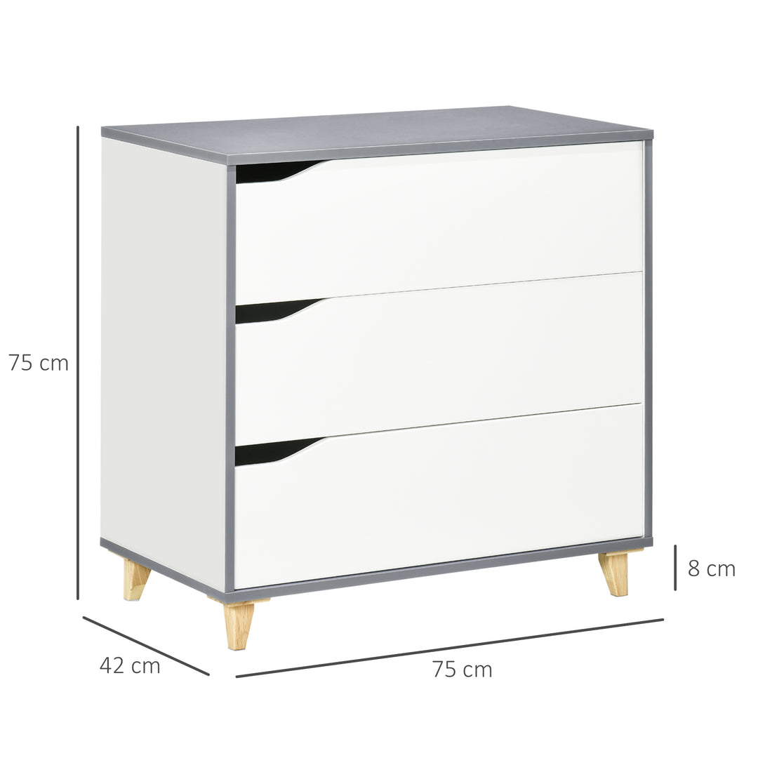 HOMCOM 3-Drawer Chest: Pine Wood Legs, Spacious Bedroom & Lounge Storage Cabinet, 75cm x 42cm x 75cm, White | Aosom UK