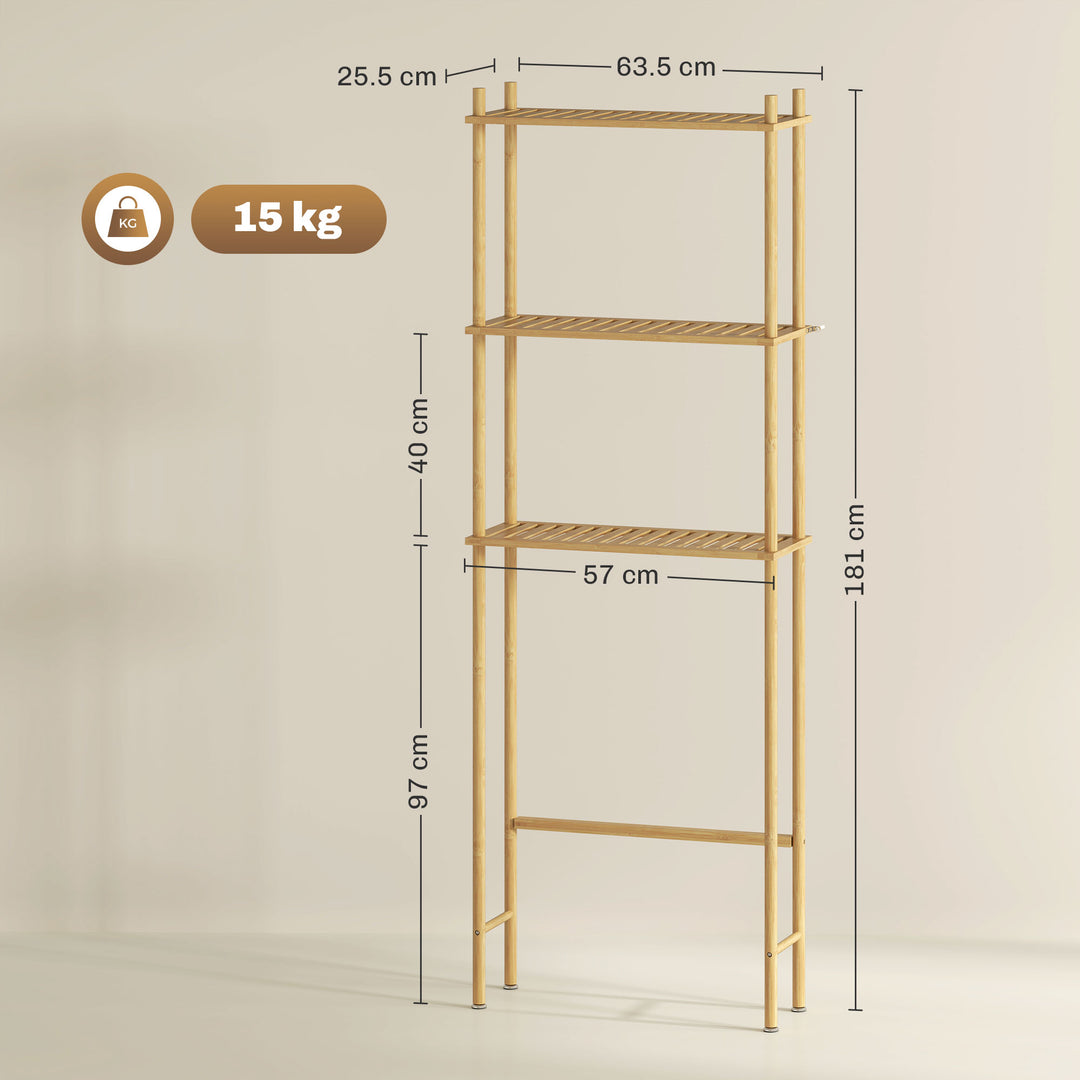 Bamboo Over Toilet Storage Unit with 3 Slatted Shelves, 3-Tier Freestanding Bathroom Shelf, Bathroom Space Saver, Natural Wood Finish