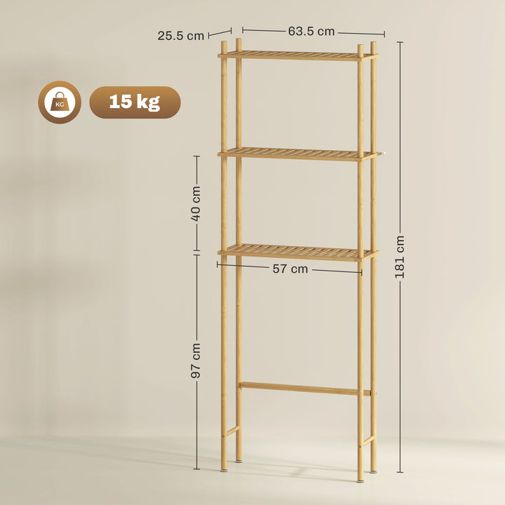 Bamboo Over Toilet Storage Unit with 3 Slatted Shelves, 3-Tier Freestanding Bathroom Shelf, Bathroom Space Saver, Natural Wood Finish